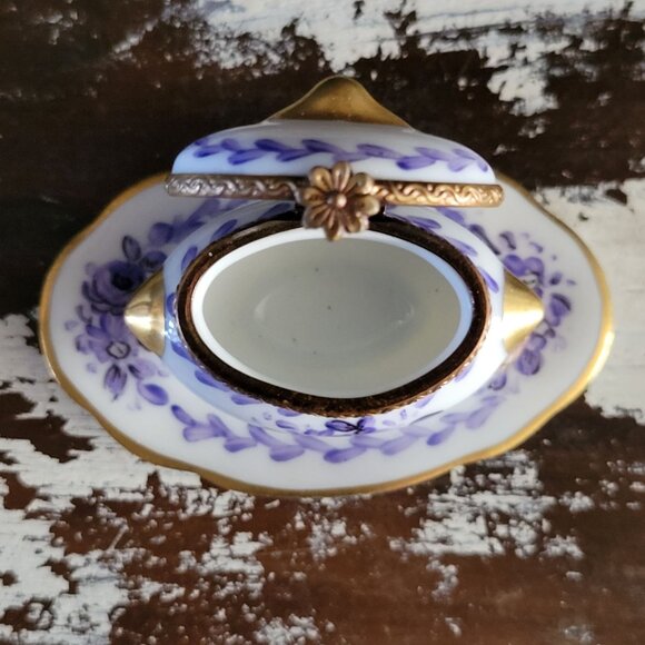 Vtg Limoges France Peint Main Porcelain Tureen Shape Limoges Box Purple Floral - Picture 4 of 9